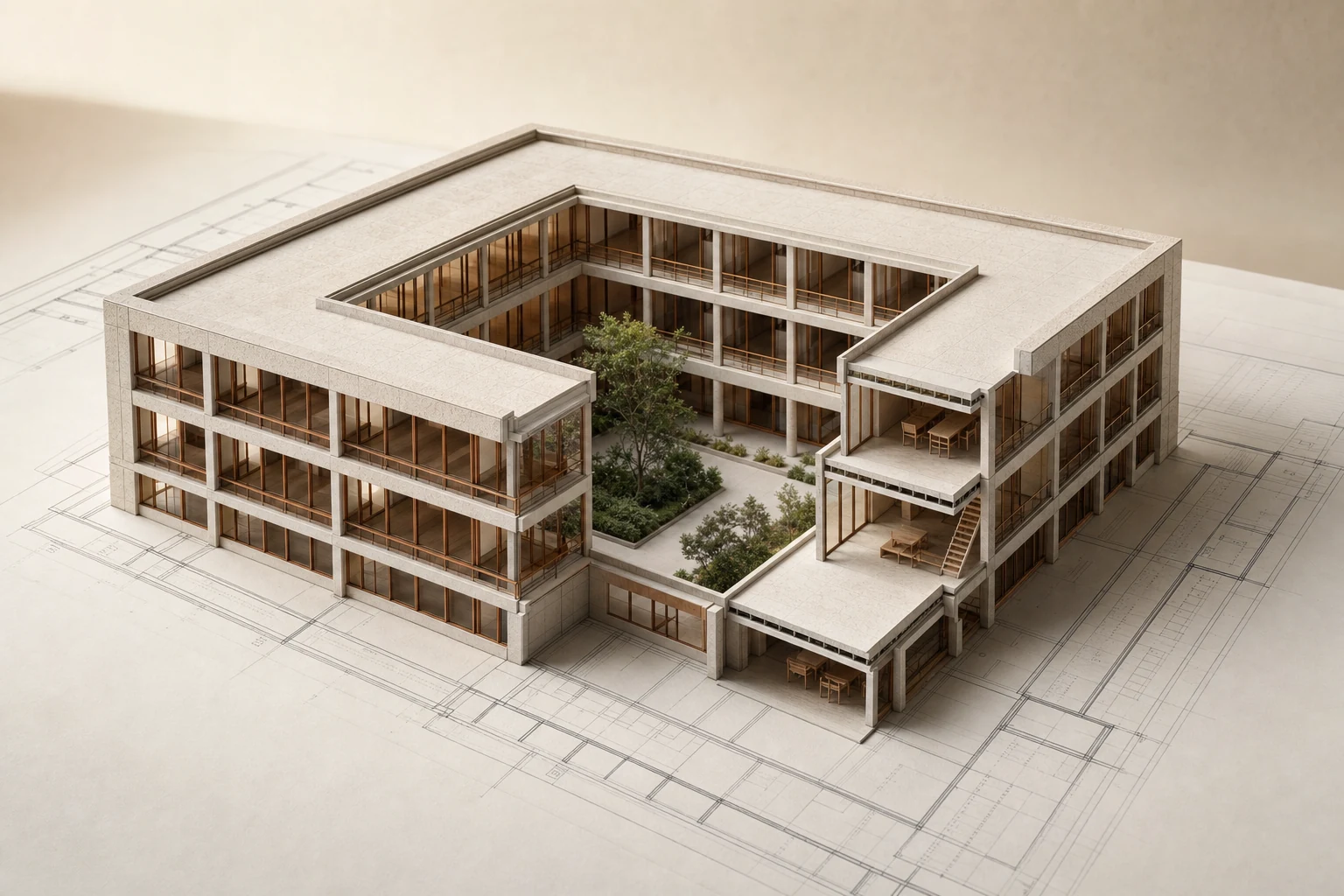 Architectural courtyard model rising from a floor plan